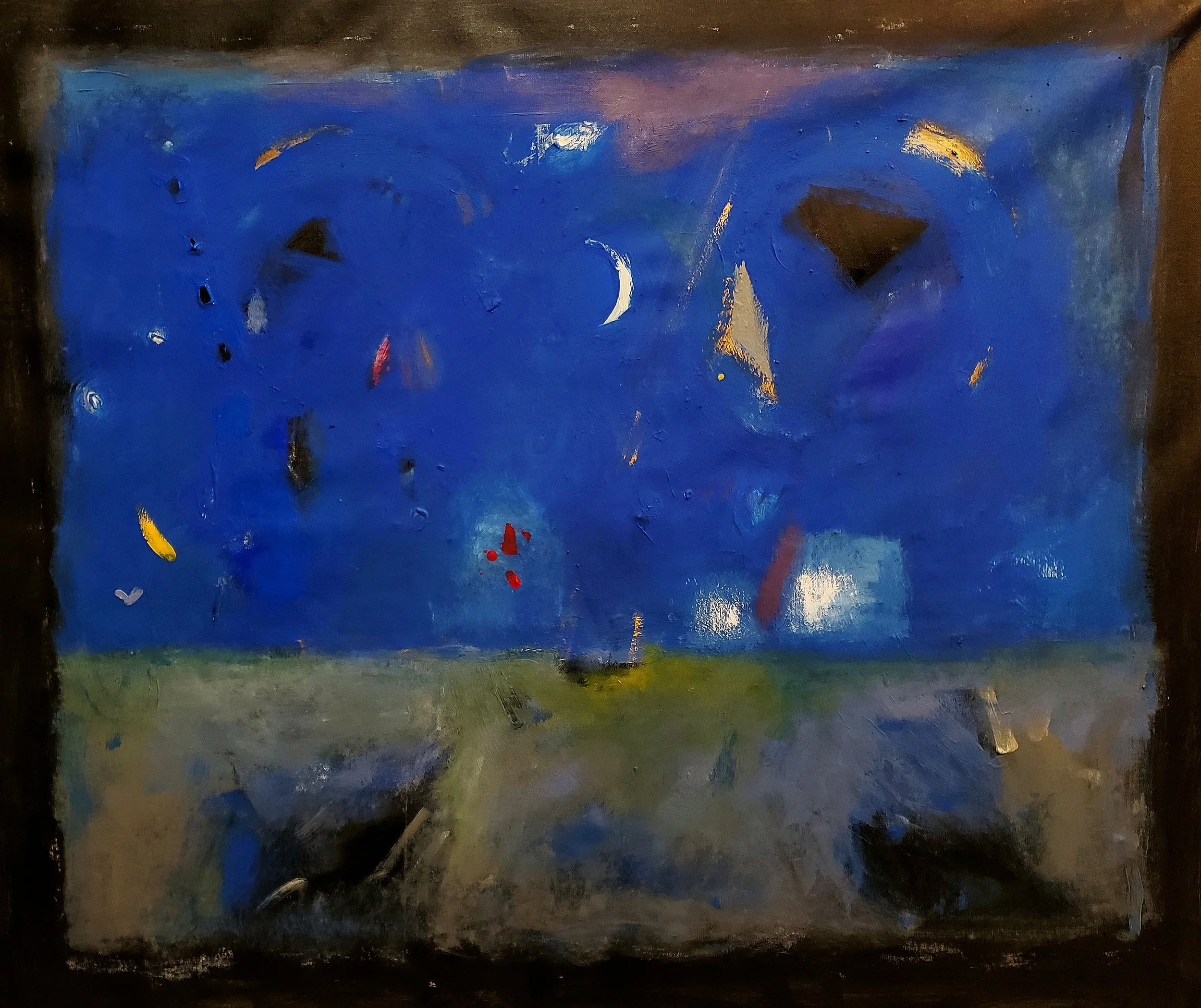 Abstract painting with a blue sky, crescent moon, and various geometric shapes on a horizontal canvas with a greenish ground and black edges.
