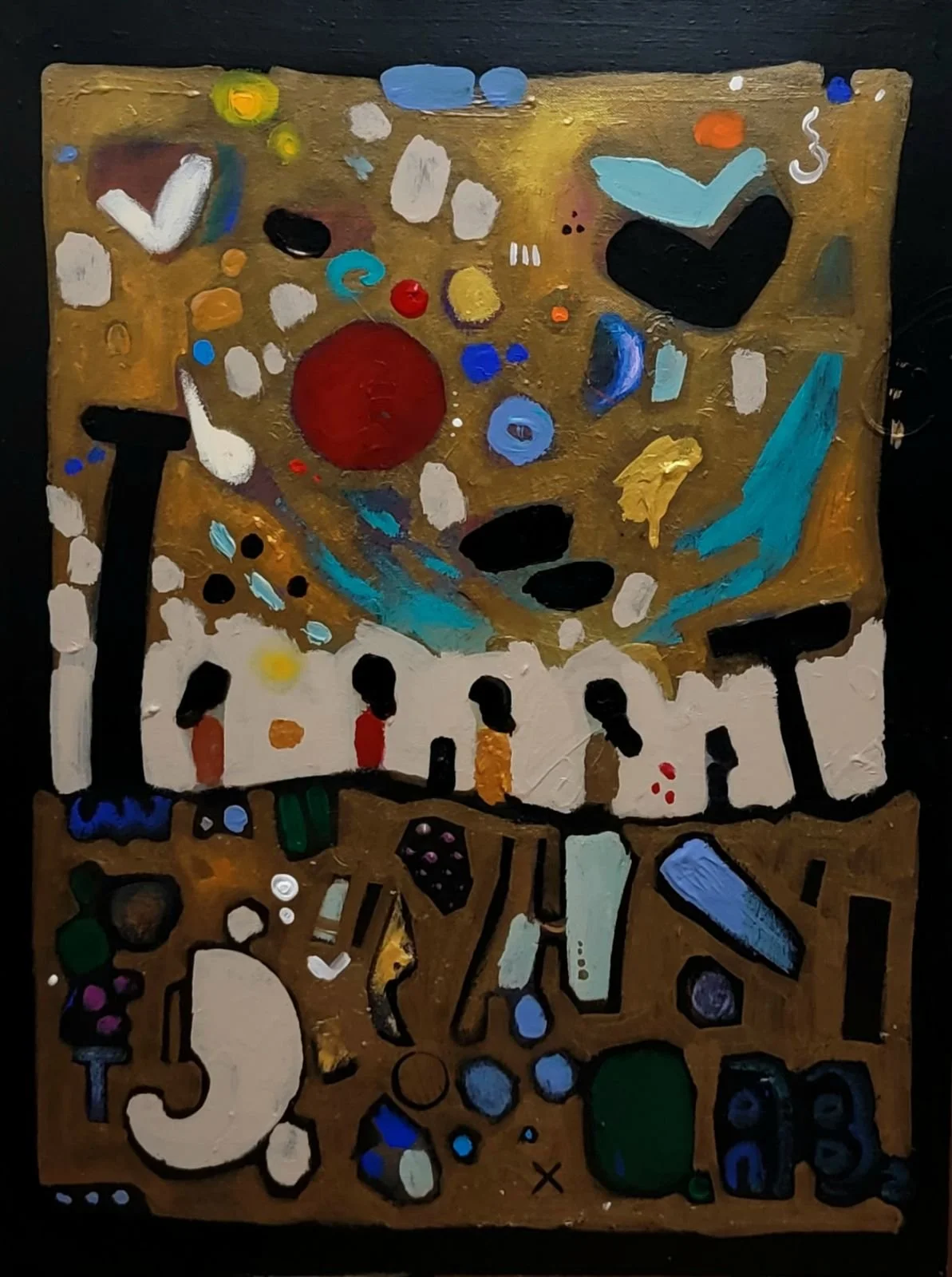 Abstract colorful painting with various shapes, circles, and brushstrokes in blue, red, white, black, and gold.