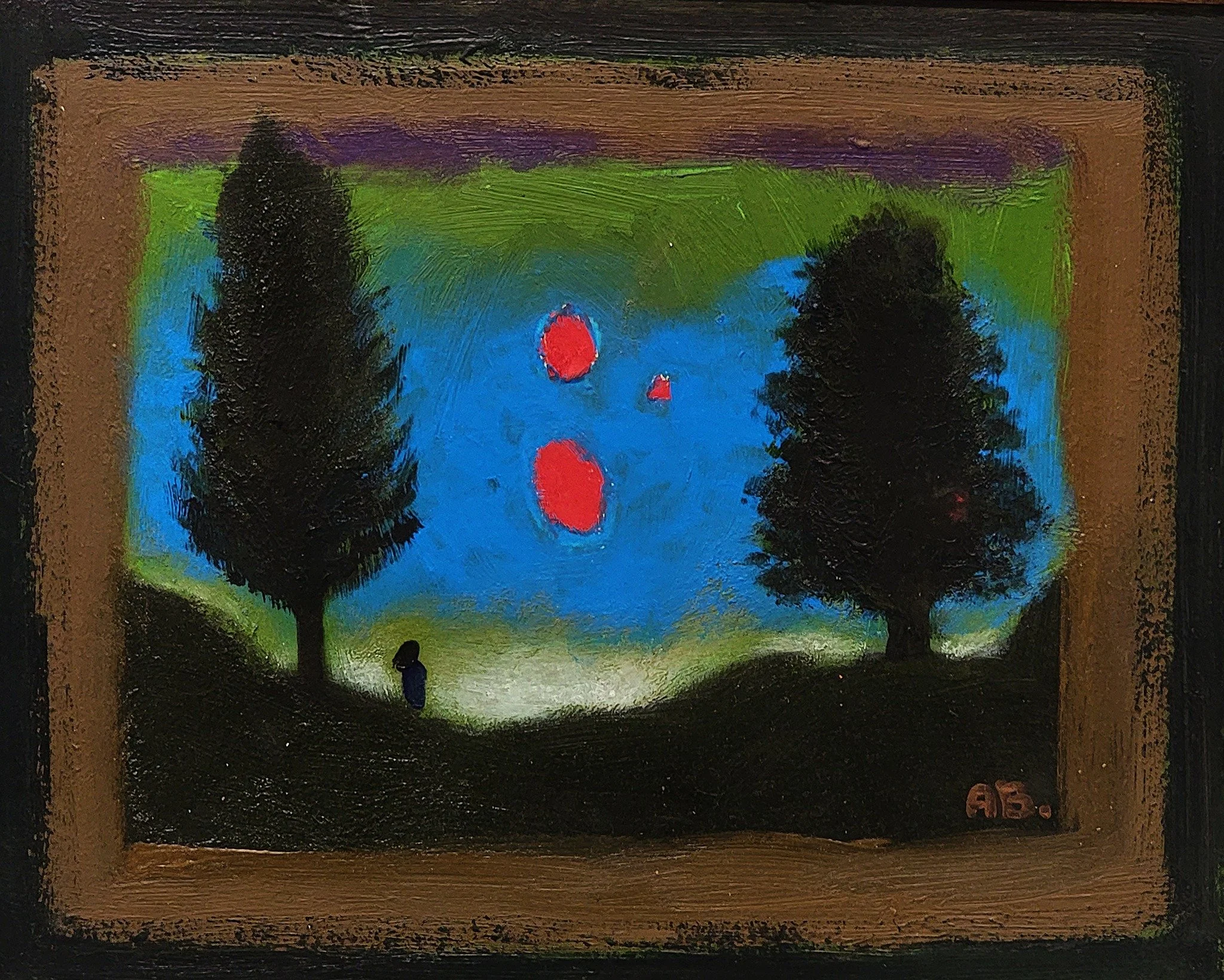 Anton Balanchivadze, painting, a landscape scene with two large trees on either side, a person standing on a hill in the foreground, and a sky with three red, moon-like shapes and a cloudy background in shades of blue, green, and purple.