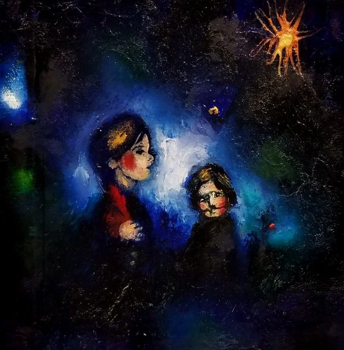 A painted artwork featuring two children, a girl with dark hair and glasses, and a boy with glasses, under a cosmic sky with stars and a bright, fiery sun.