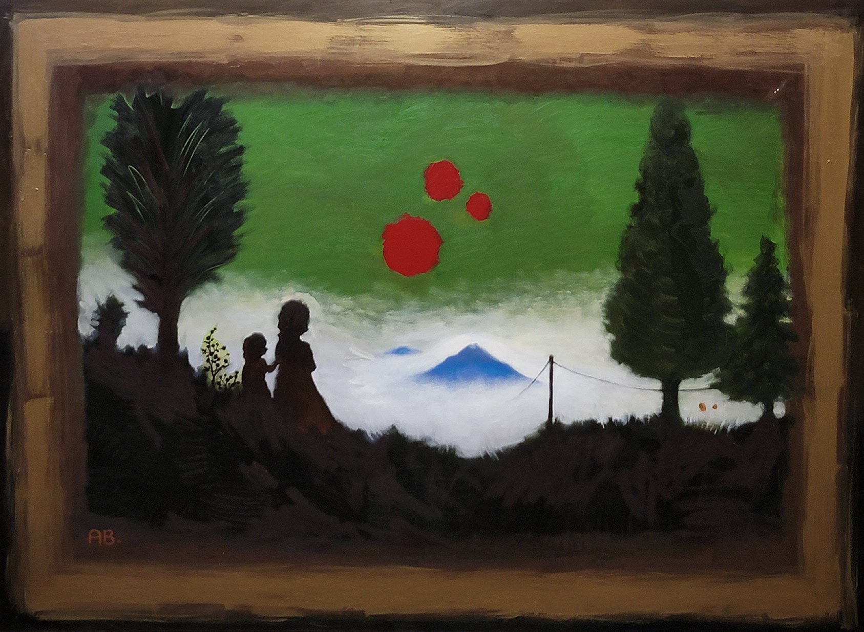 Silhouettes of two children and a woman sitting on a hillside, with trees and mountains in the background. Green sky with red abstract shapes and power lines.