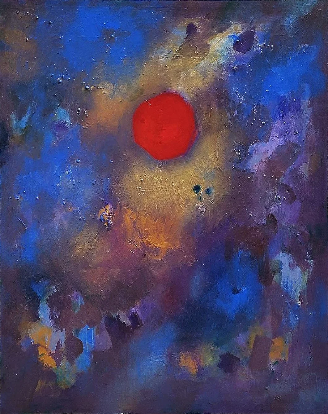 Abstract painting with a large red circle at the center, surrounded by blue, purple, and gold hues.