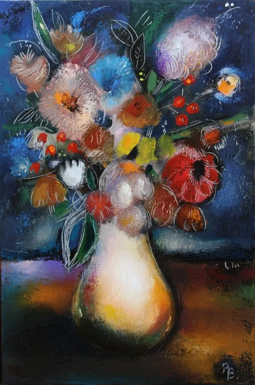 Colorful abstract painting of a bouquet of flowers in a white vase against a dark background.