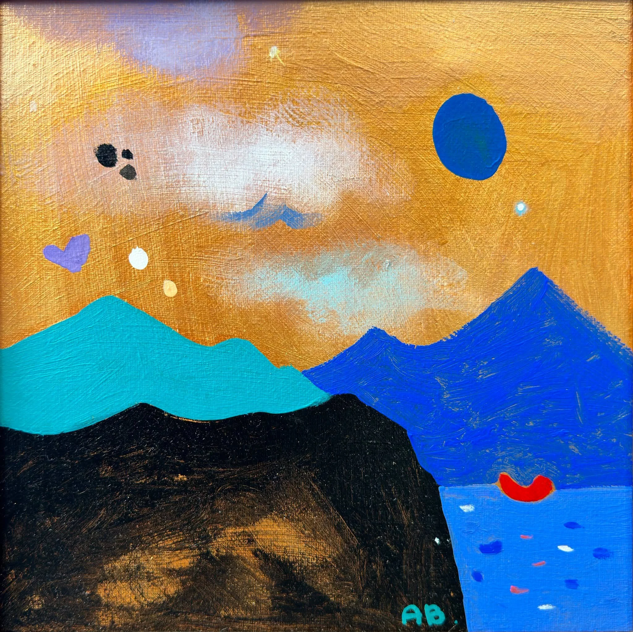The Boat. Landscape - Anton Balanchivadze. Abstract painting with vibrant colors including gold, blue, black, purple, and red, featuring various shapes and textures