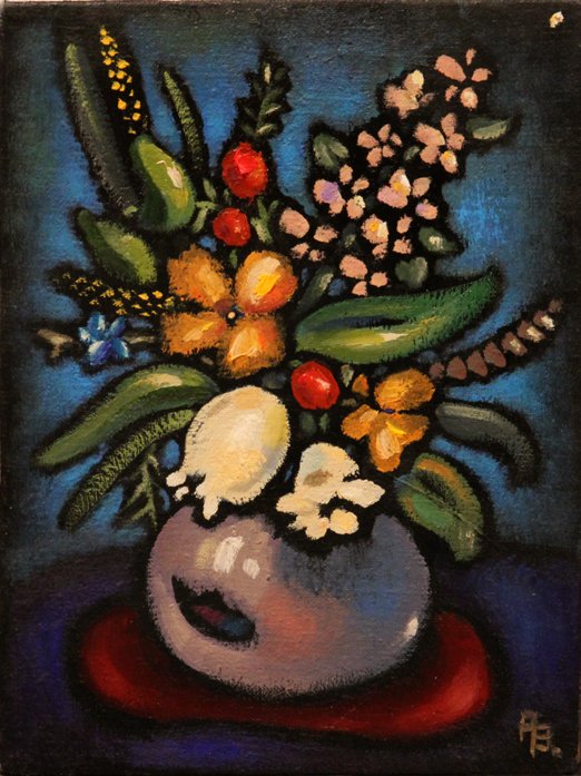 A vibrant floral still life painting featuring a variety of colorful flowers arranged in a gray vase on a dark background. The flowers include yellow, pink, red, and white blooms with green leaves, all sitting on a red surface.