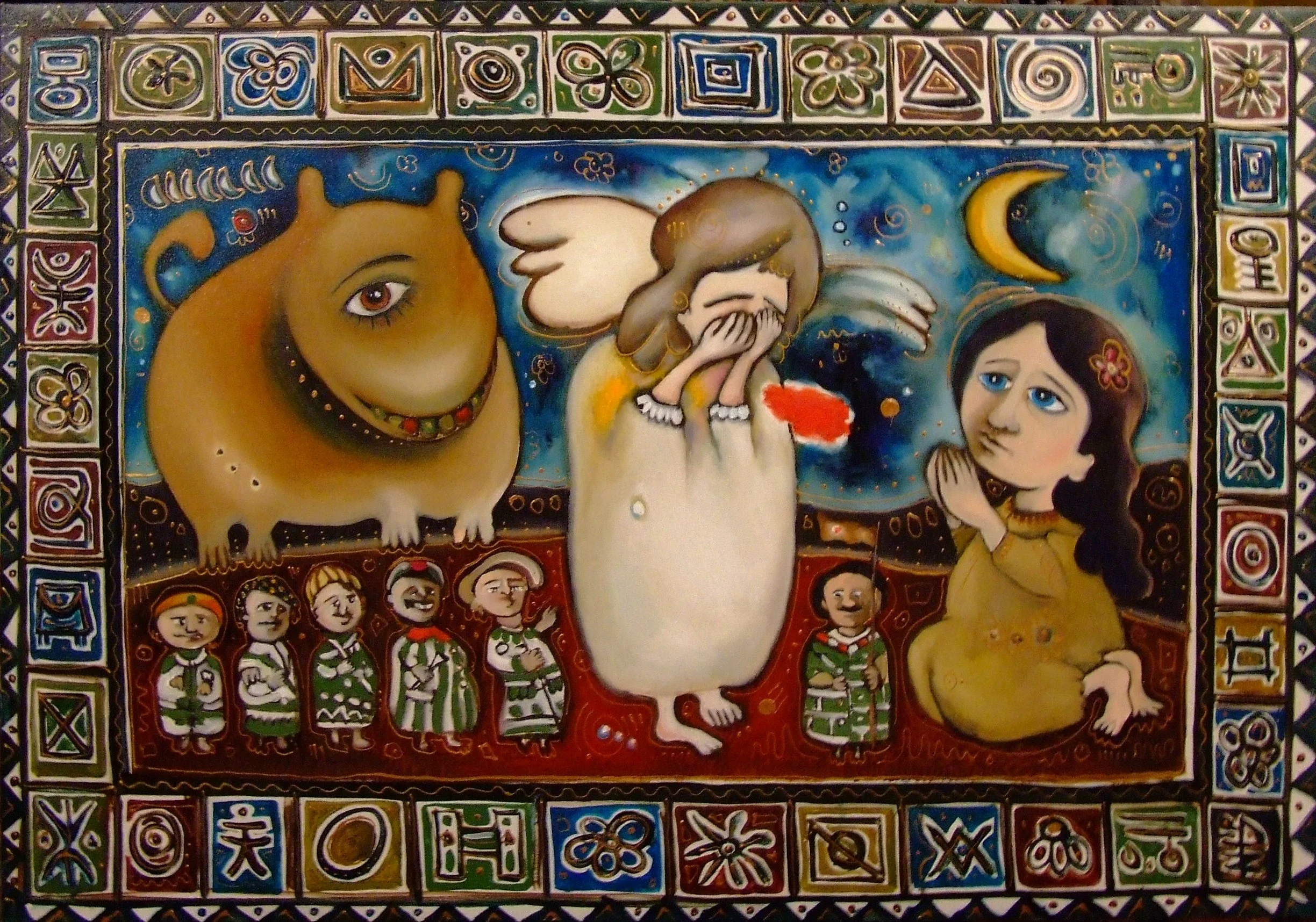 Colorful painting featuring a large creature with a single eye, a winged girl covering her face, and a girl with long dark hair, sitting with her hands together. Smaller figures in patterned clothing are depicted at the bottom, surrounded by a decora