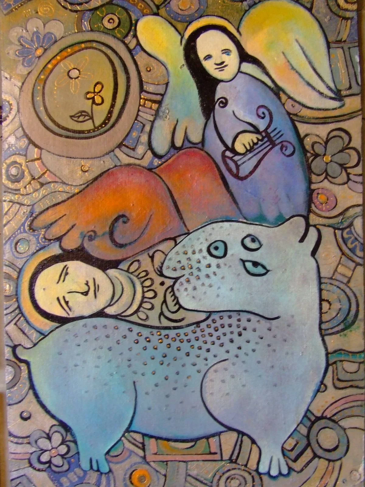 A colorful painting featuring an angel with wings holding a lyre, a sleeping figure, a large creature with a pig-like face, and various abstract floral and geometric patterns in the background.