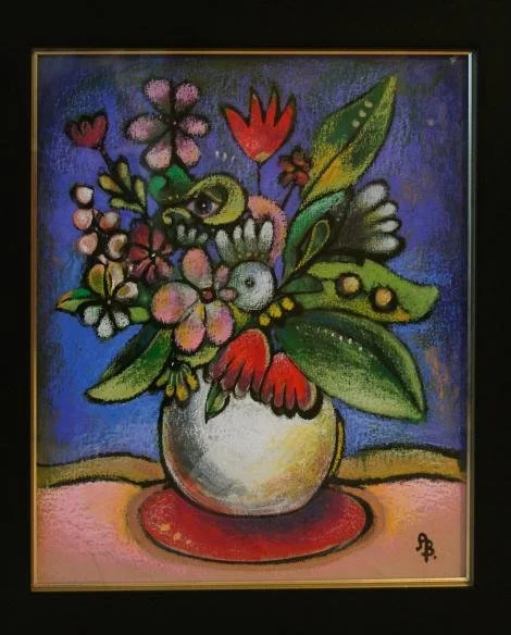 Colorful painting of a flower arrangement in a white vase, featuring pink, purple, and red flowers with green leaves, against a purple background, signed with initials B.