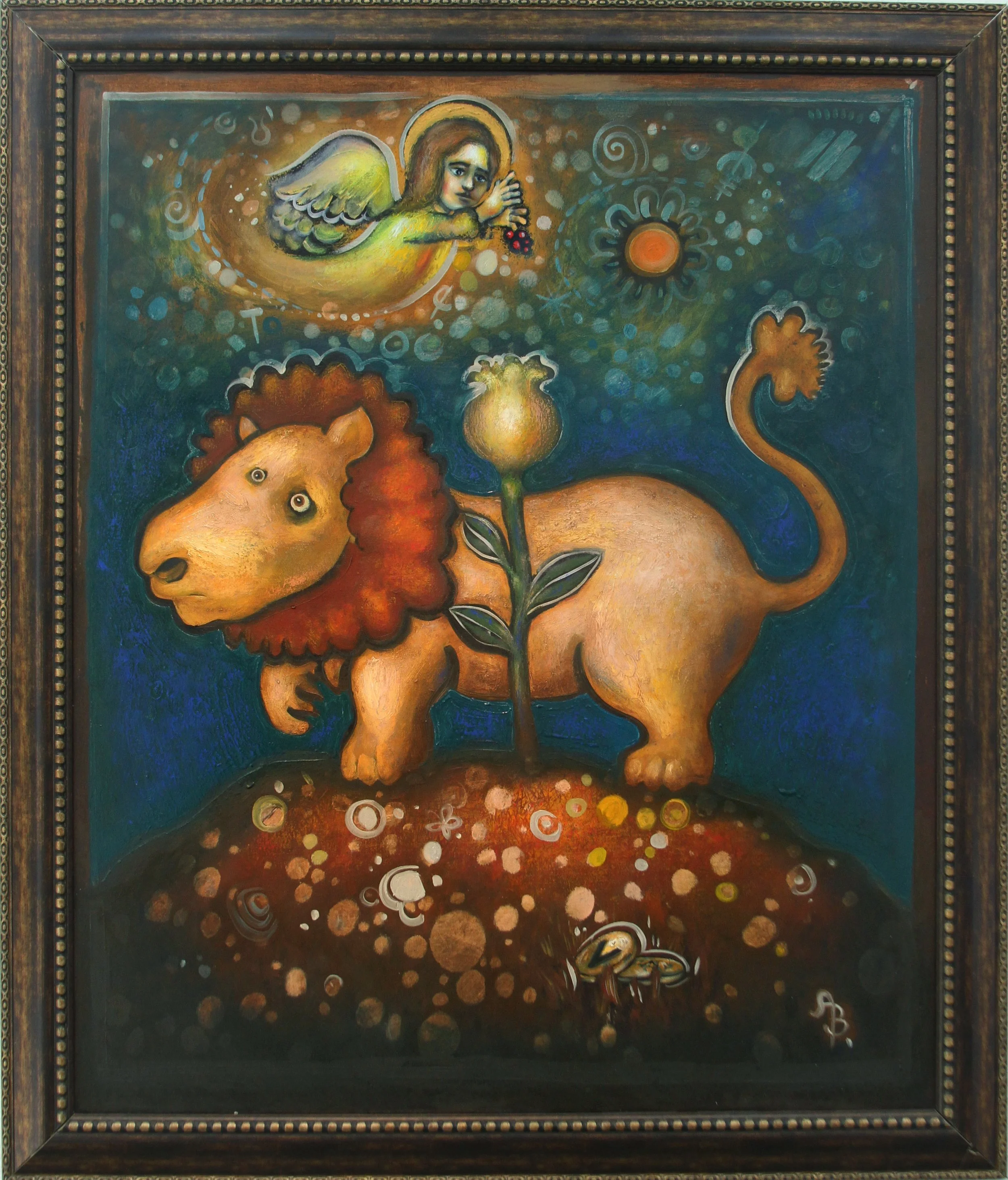A colorful painting featuring a lion with a red mane standing behind a large yellow rose on a brown hill. Above, a flying angel with golden wings, a halo, and a human face holds a small bouquet of flowers. The background is filled with swirls, dots, 
