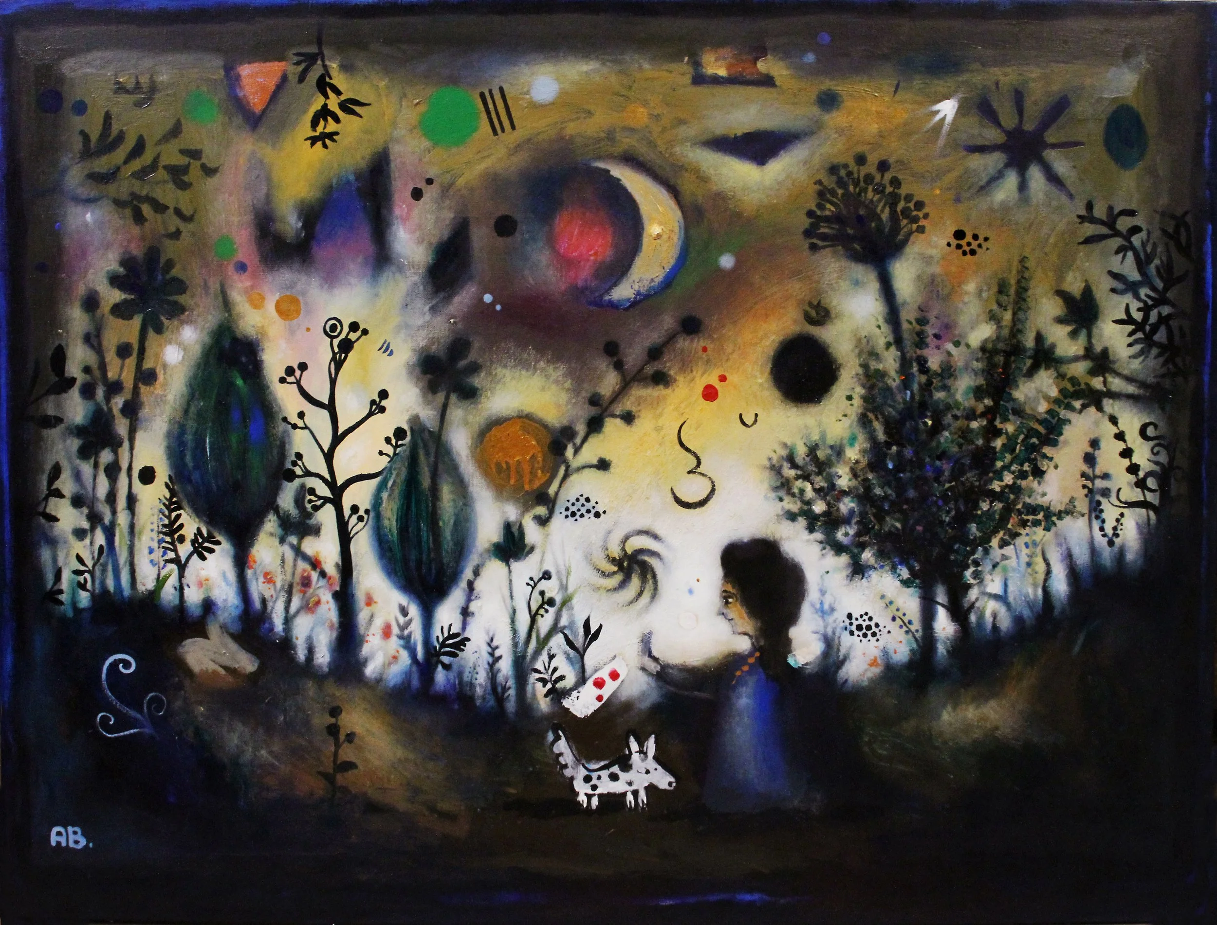 A colorful abstract painting featuring organic shapes, trees, and celestial elements, with a woman and a small dog sitting in the foreground.