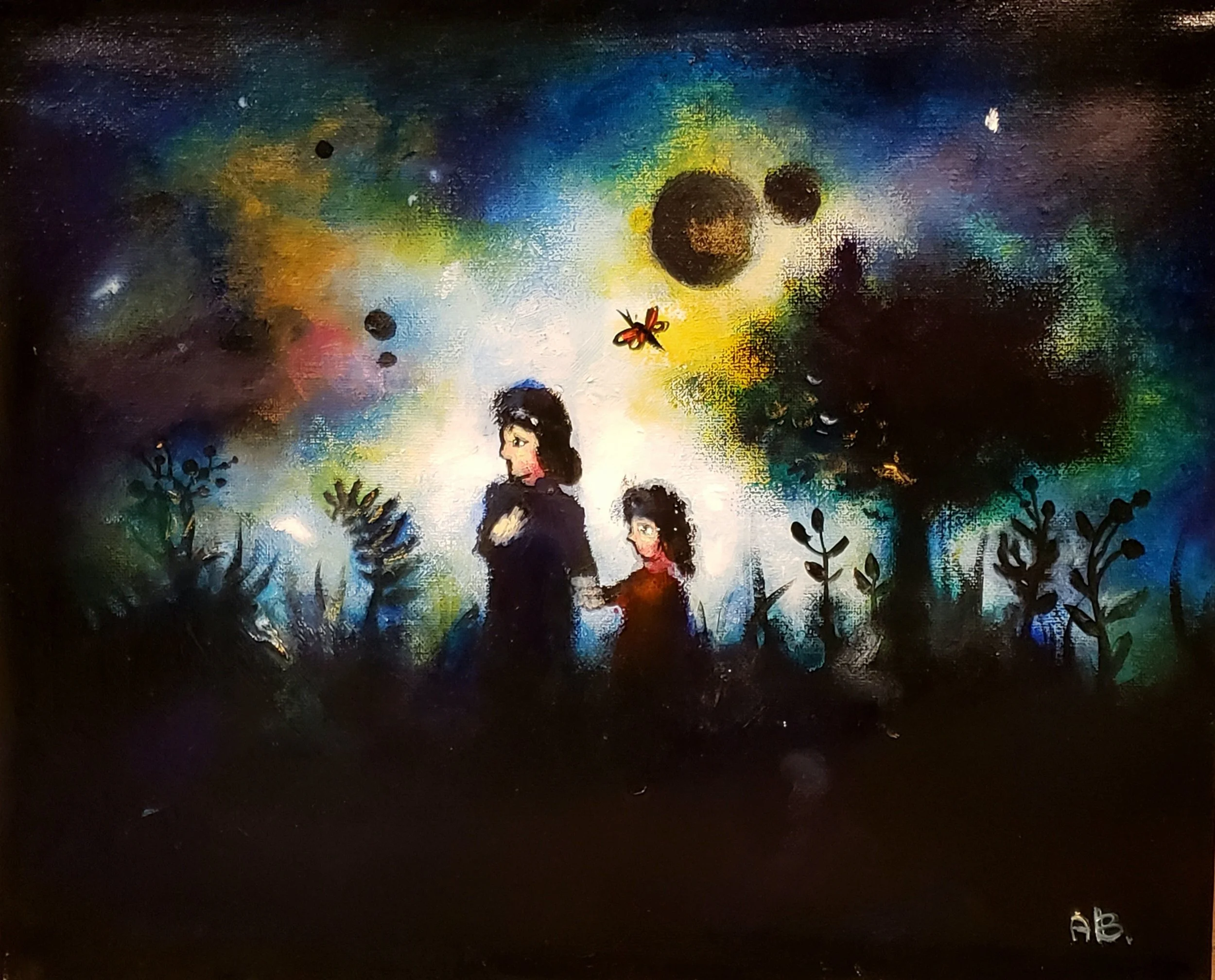 A colorful painting depicting a woman and a girl holding hands walking through a dark, abstract landscape with trees and plants. The background features swirling, vibrant colors with celestial bodies and a butterfly in the sky.