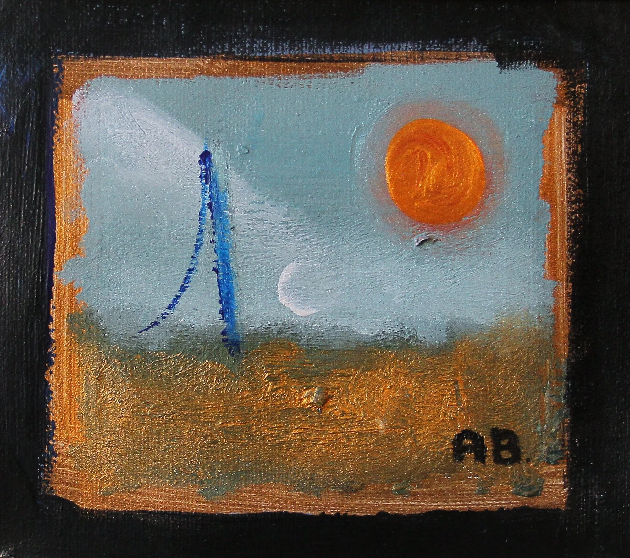 Abstract painting with a bright orange sun and a blue structure on a textured gray and gold background, signed with initials "AB" at the bottom right corner.