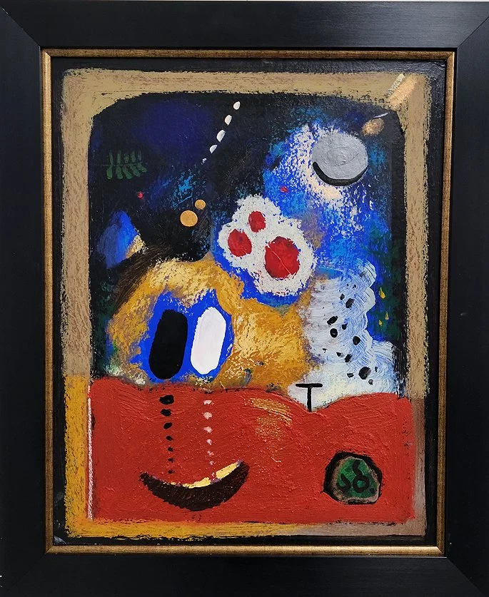 Abstract colorful painting featuring a smiling face with black eyes and mouth, surrounded by various vibrant shapes and colors including blue, red, yellow, white, black, and gray, framed in black.