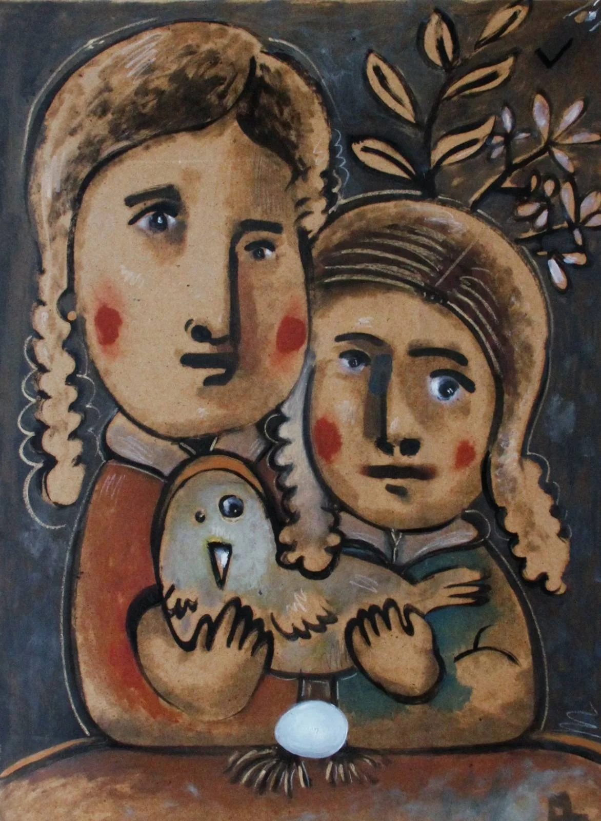 A painting of two women with long hair holding a bird, with a branch with leaves in the background.