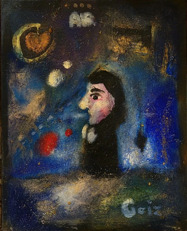 Abstract painting of a woman with dark hair in profile, floating in space with colorful planets and stars around her.