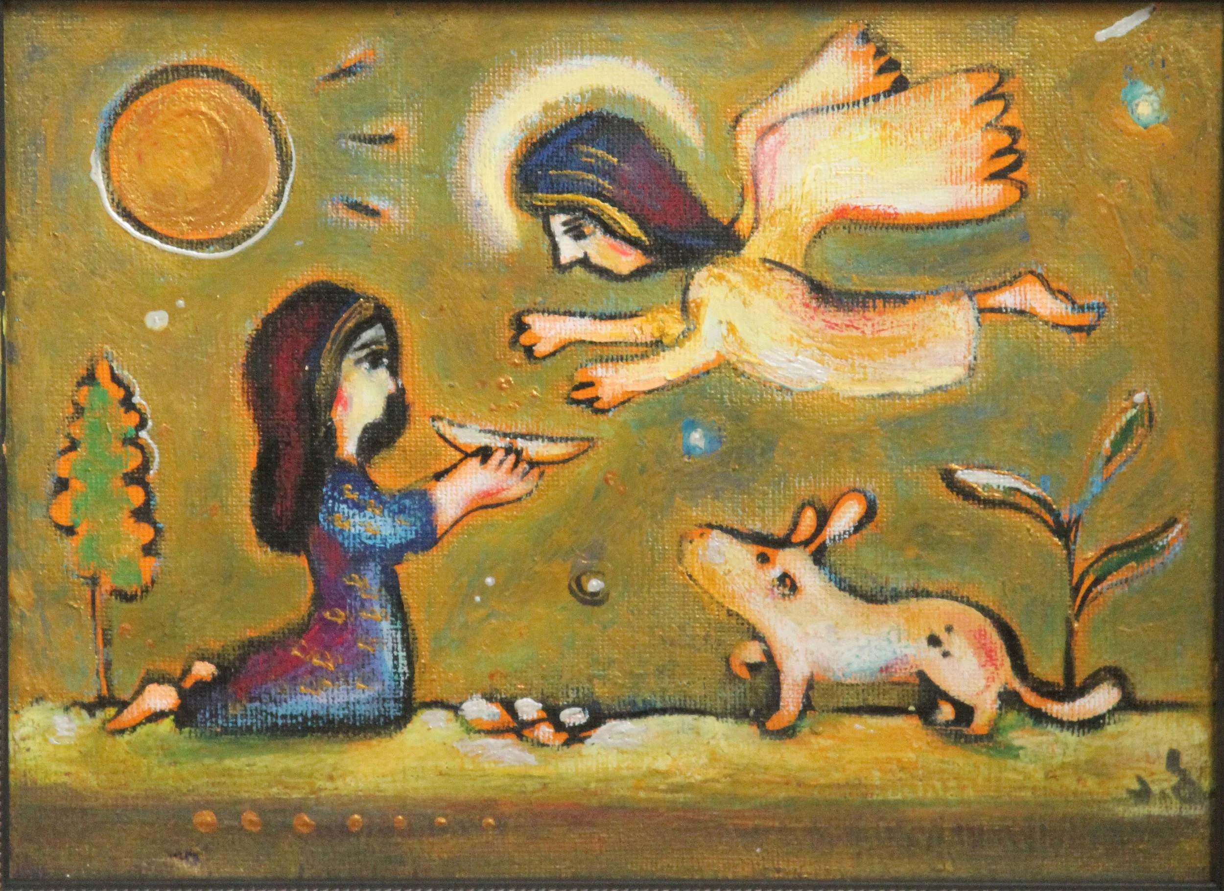 Painting depicting two children, one with angel wings and a halo, and the other kneeling with a bowl, a pig, trees, sun, and stars on a yellow background.