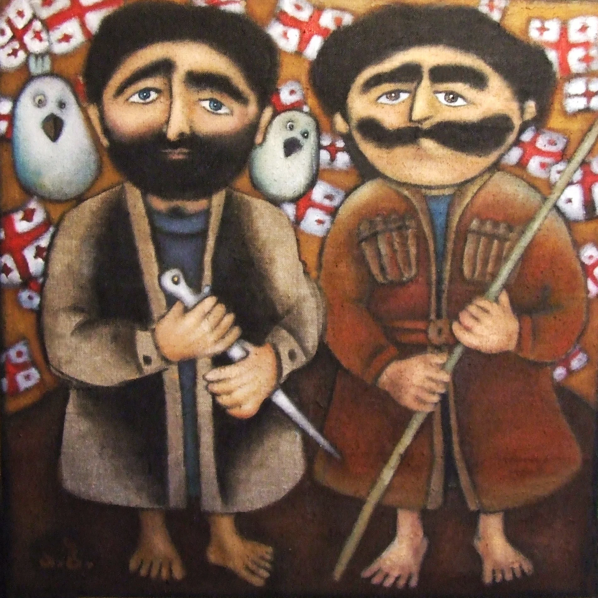 A painted artwork depicting two men with beards and black hair, dressed in historical clothing. The man on the left holds a knife, and the man on the right holds a spear. Behind them are two white, ghostly figures with surprised expressions, and a ba