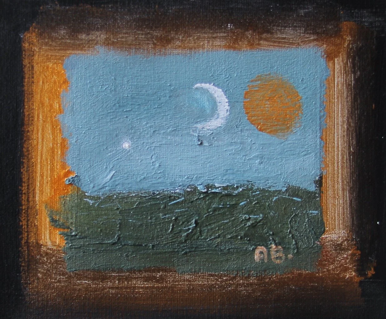A small painted image of a moon in a blue sky with an orange circle, possibly the sun or planet, and a green landscape at the bottom, framed by a gold border.