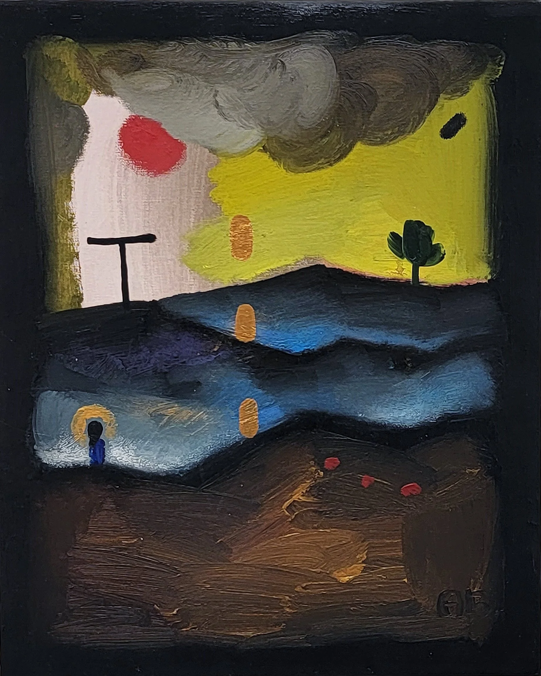 A small landscape painting with mountains, trees, a body of water, and a colorful sky, created with broad brushstrokes and vibrant colors.