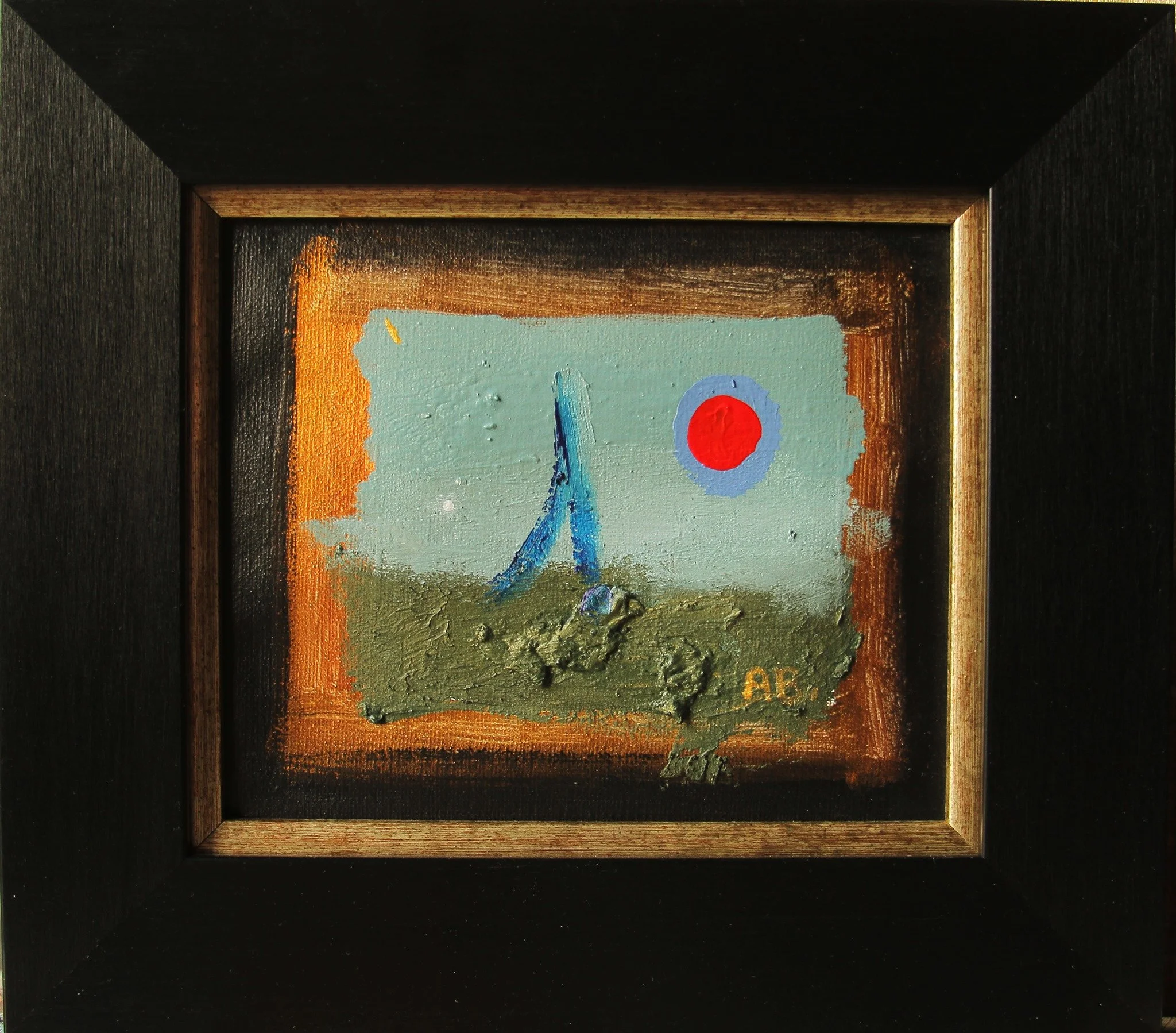 A small abstract painting with textured paint, featuring a blue sailboat on green ground, a red circle within a purple ring in the sky, and the initials 'AB' in the corner, framed in black with gold inner border.
