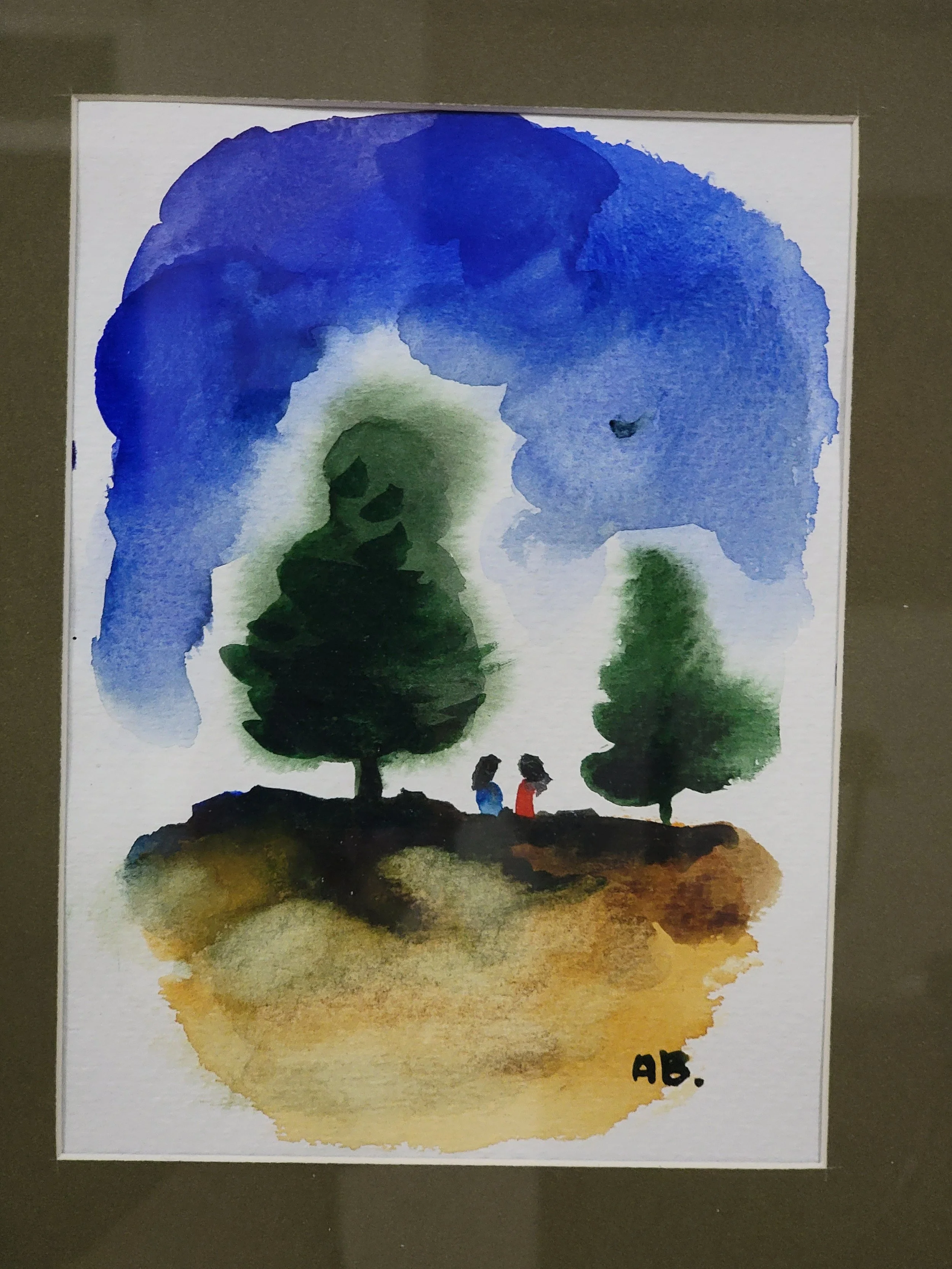 Watercolor painting of two trees and two children talking, with a blue sky and clouds in the background.