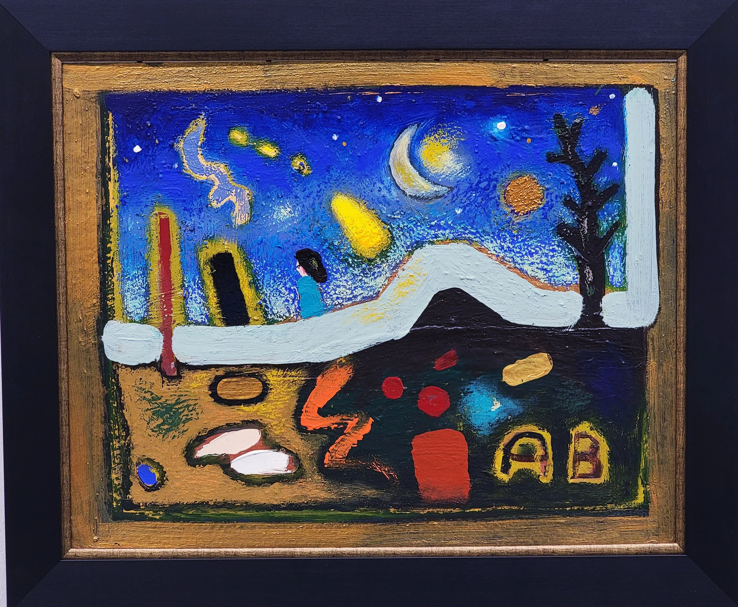 A colorful oil painting on canvas depicting a scene with a young girl in a blue dress, trees, a mountain, and a sky filled with celestial bodies including the moon, sun, and stars. The painting has a textured, impressionistic style with vibrant color