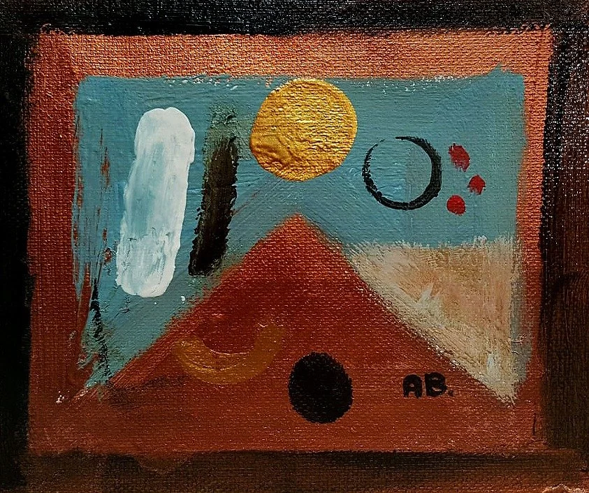 Abstract painting with a yellow textured circle, black and red crescent moon shapes, and black, red, and white brushstrokes on a background divided into turquoise, beige, and red sections with a red border.