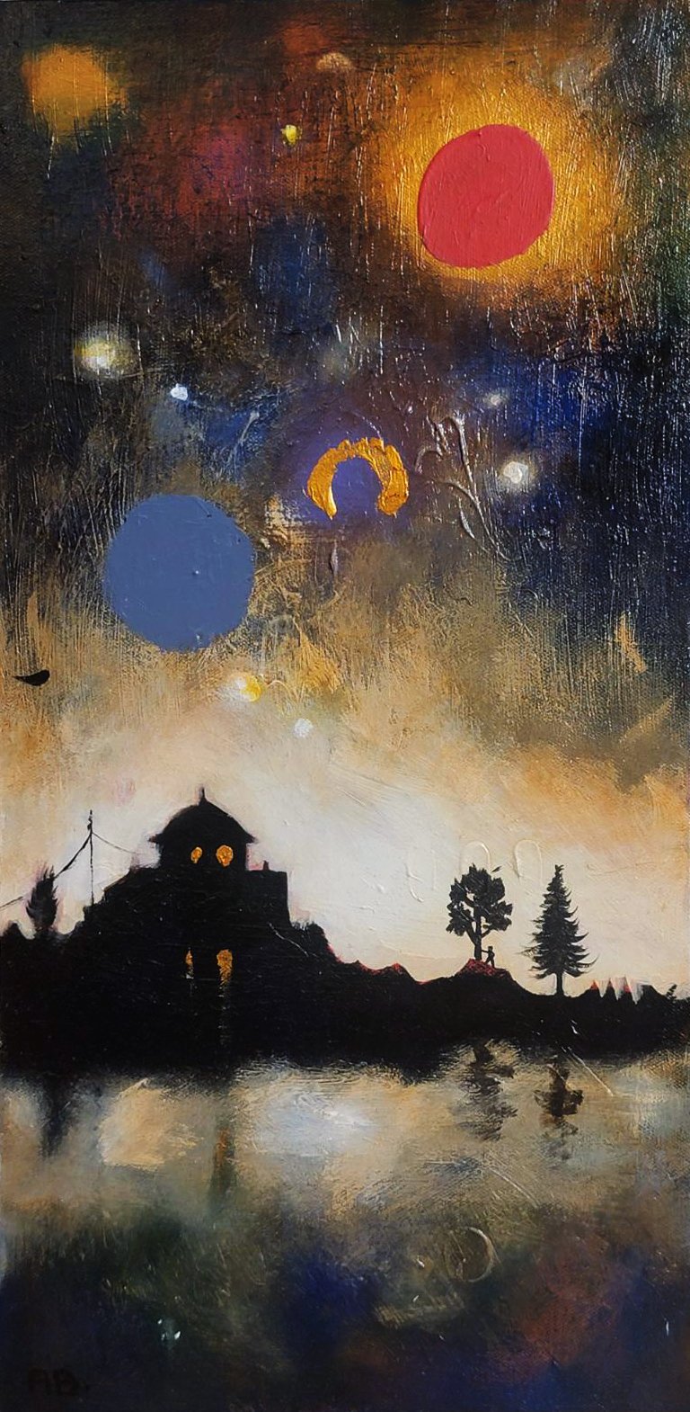 An abstract painting "Watcher" featuring a night scene with a silhouette of a house, trees, and water. A man’s silhouette is visible, Leaning against a tree and looking this way, there are various smaller white and yellow spots, and a golden crescent