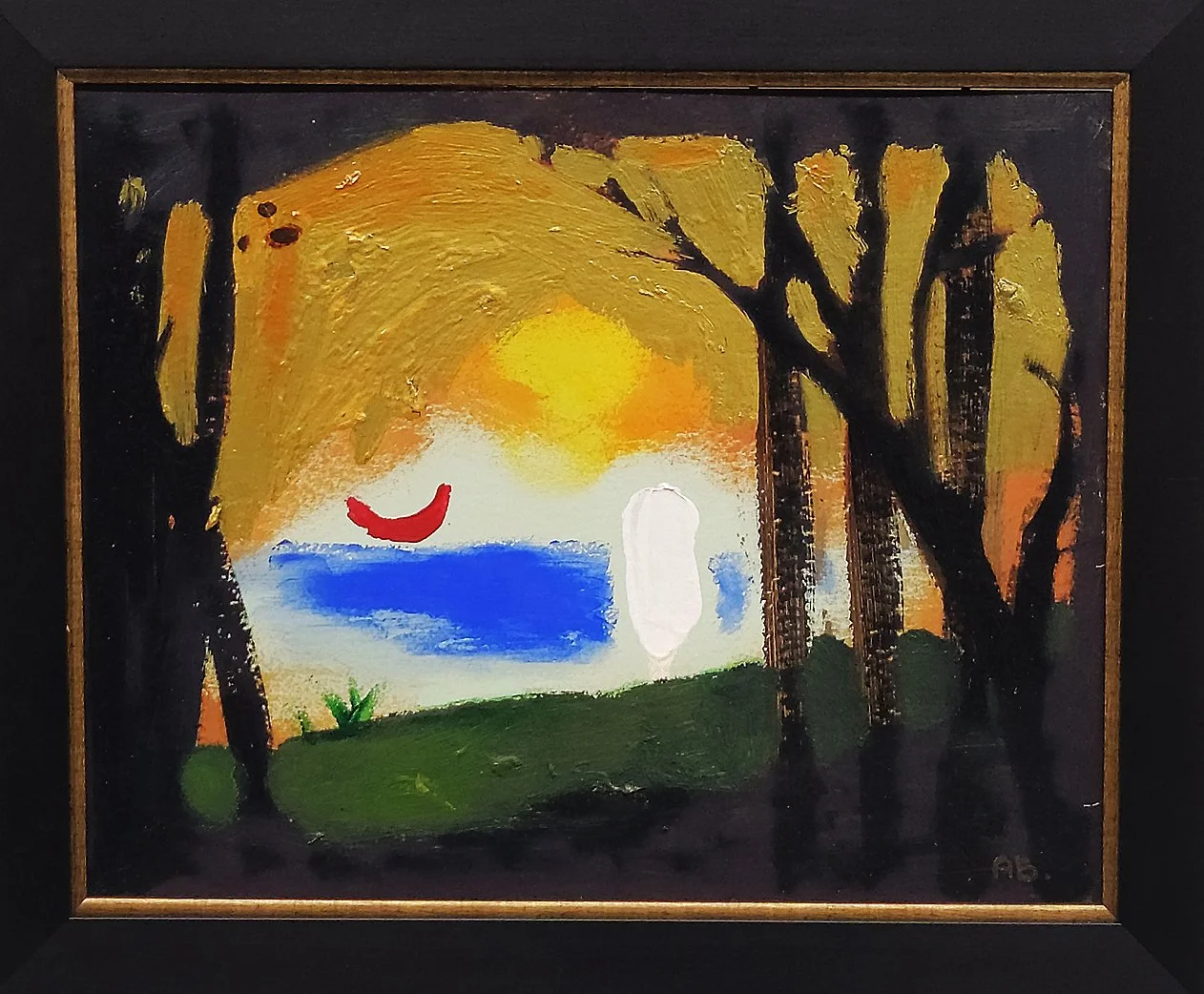 A colorful painting of a sunset over a body of water, with dark trees in the foreground and a red smiling face.