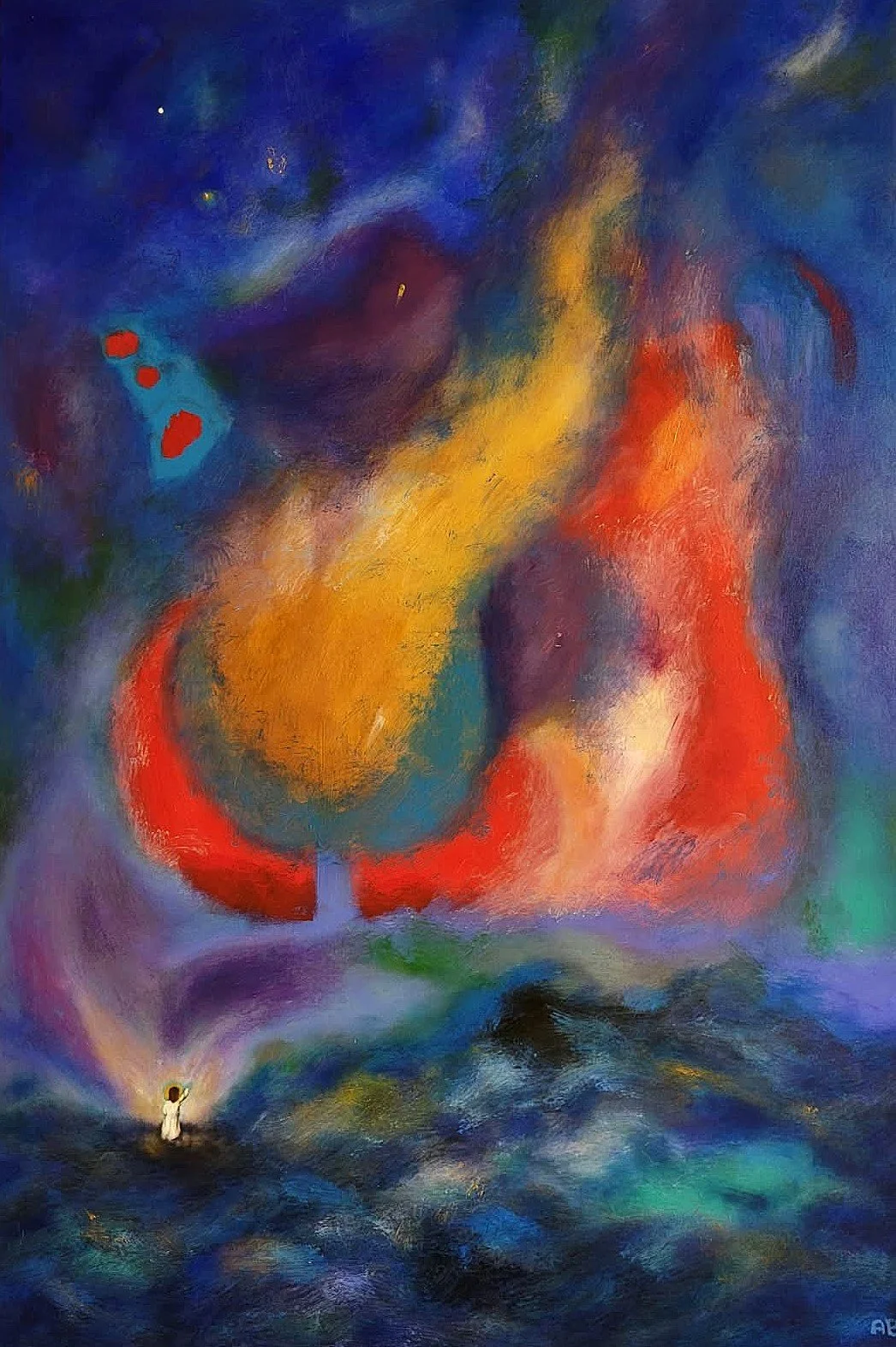 Anton Balanchivadze's Mixed Media on Canvas painting. Abstract colorful painting depicting a human face with vibrant swirling colors and a small figure holding a light at the bottom.