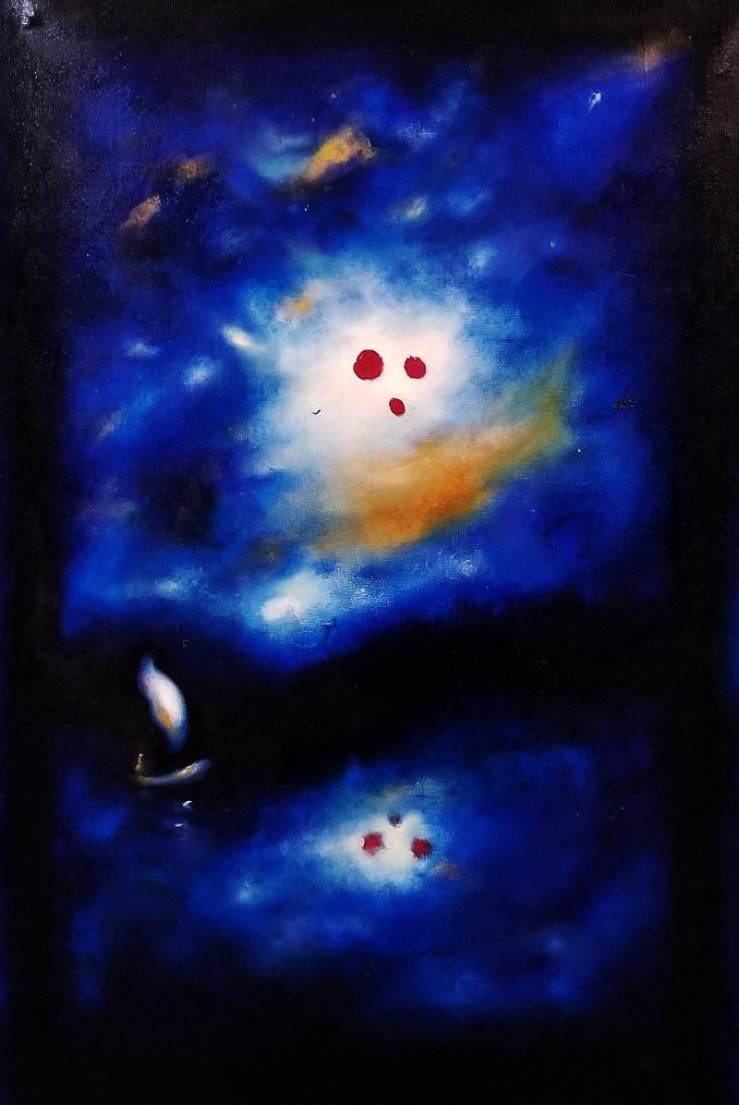Abstract night sky scene with a bright moon, blue and orange clouds, and three red dots in the sky reflected on water with a small boat.