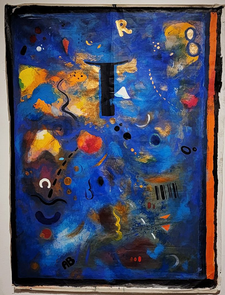 Abstract painting with a blue background, splashes of yellow, orange, and red, and various shapes, lines, and markings, including a large black 'I' and the letter 'R'.