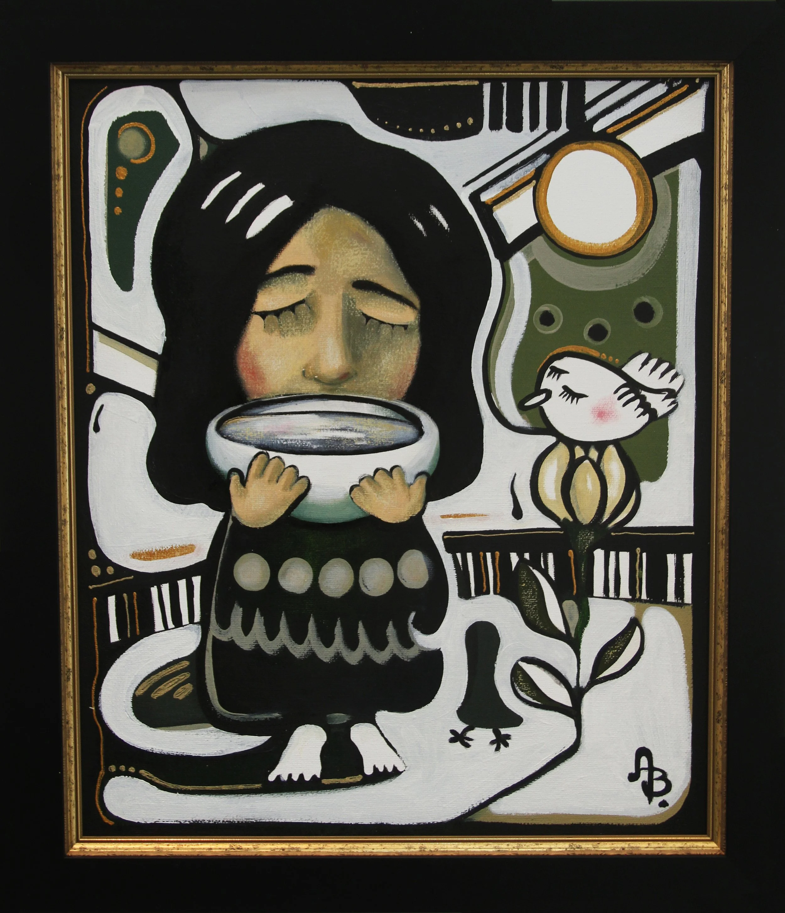 A stylized painting of a girl with closed eyes holding a bowl of water, with a smaller girl with a ponytail and closed eyes next to her, flowers, and abstract shapes in the background.