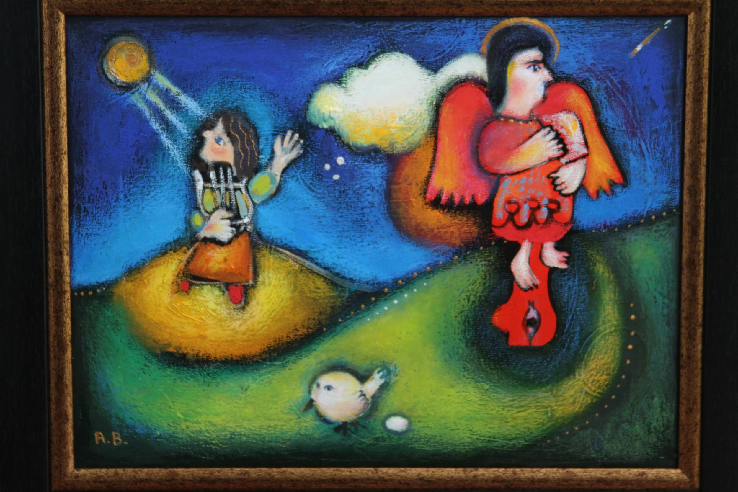 Colorful painting of three figures with abstract, whimsical style. One figure on the left is a woman in a striped dress with dark curly hair, standing on a yellow hill and raising one hand. A small bird is on the ground below her. The right figure is