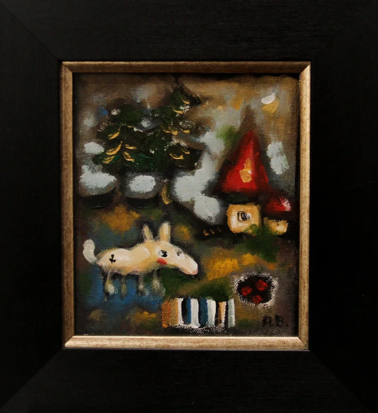 A small, colorful, abstract painting depicting a Christmas scene with a green Christmas tree, a red-roofed house, a white dog, a Christmas gift, and ornaments, signed with initials 'A.S.'