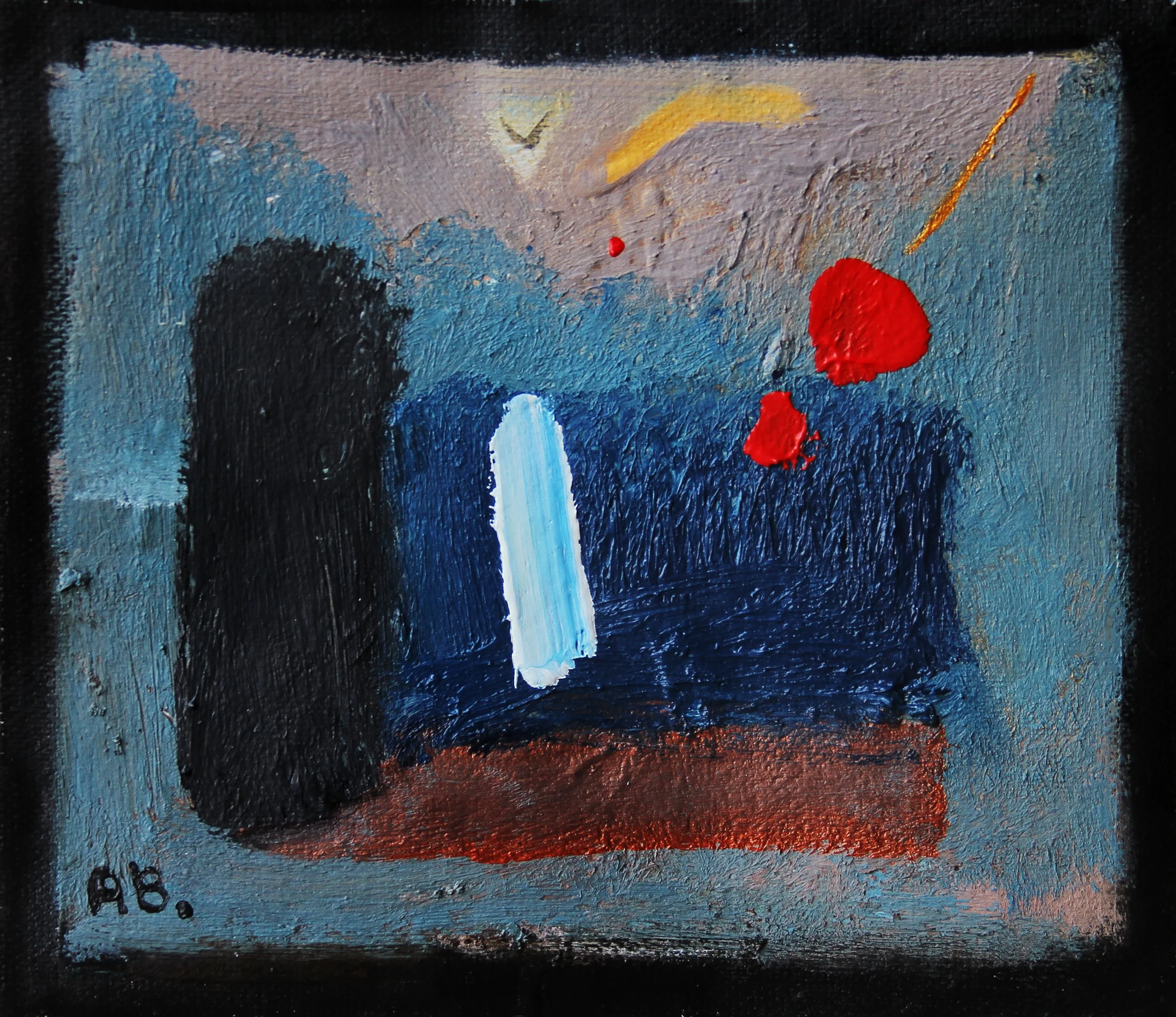 Abstract painting with a black oval, a white streak, red blobs, and yellow streaks on a textured blue, brown, and tan background.