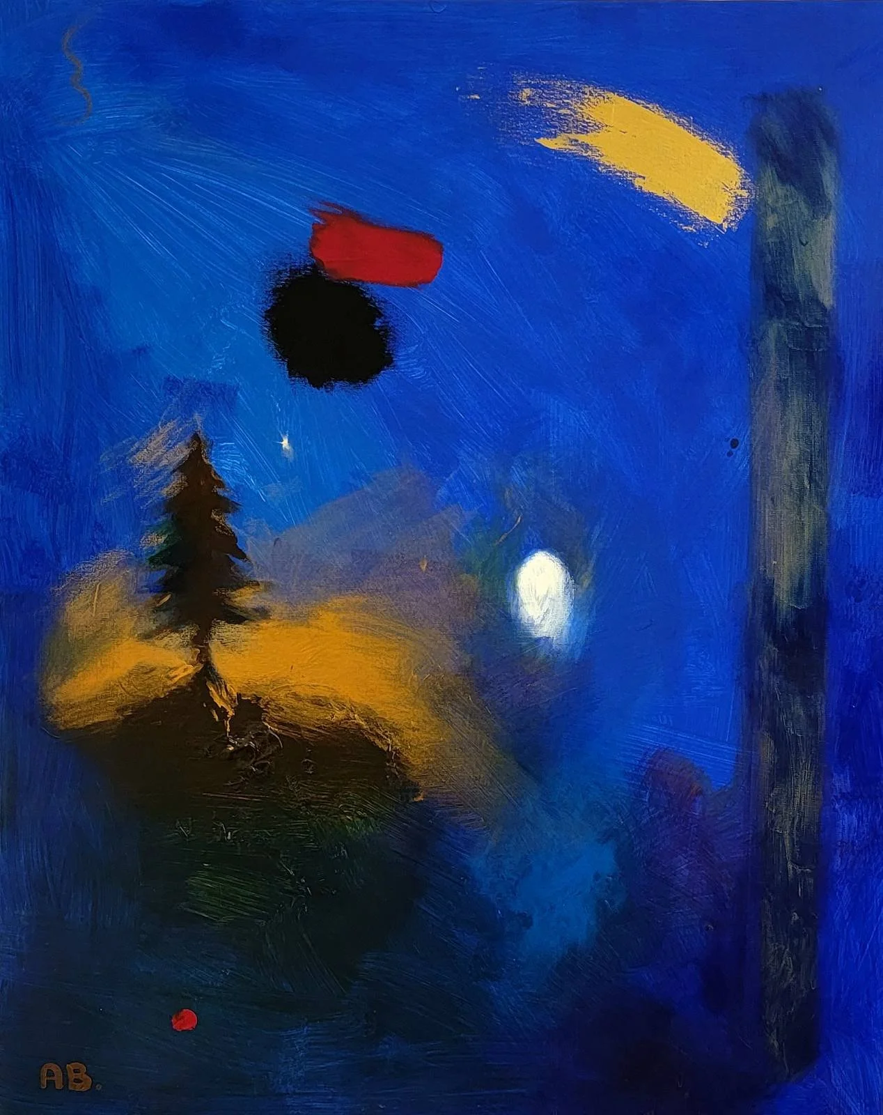 Semi-abstract night landscape painting with a solitary tree form in deep blue tones, by Georgian artist Anton Balanchivadze