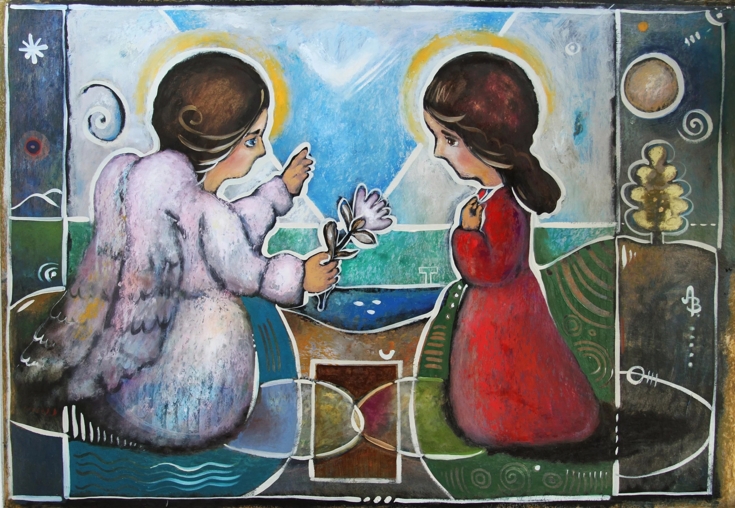 A colorful painting of two angels inside a stained-glass window, with one angel giving a flower to the other, surrounded by abstract shapes and symbols.