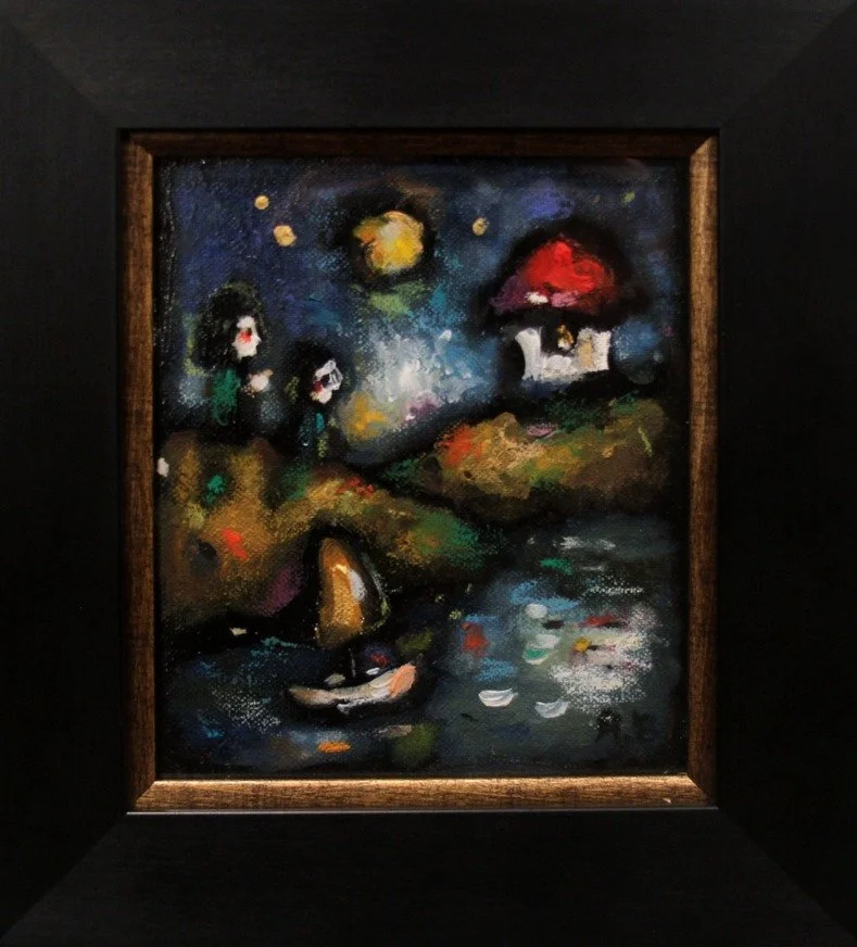 A nighttime scene of two women near a body of water, with a bridge, trees, a house with a red roof, and a moon in the sky, painted in an impressionistic style.