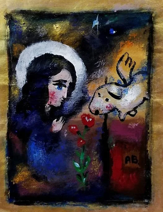 A painting depicting a woman with a halo-like circle around her head, gazing at a whimsical reindeer with a heart-shaped nose. The woman has long dark hair and pink cheeks. In front of her are red flowers, and the background features a mix of dark an