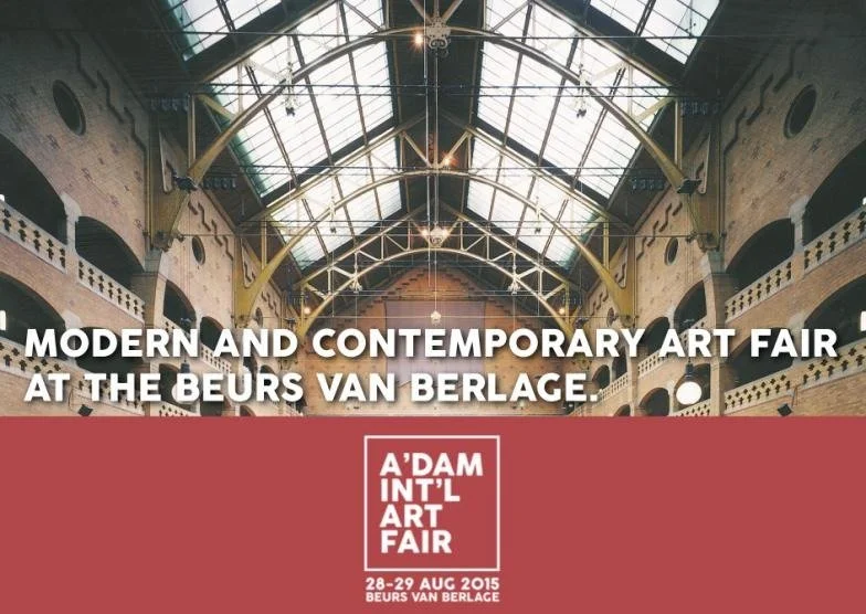 Anton Balanchivadze  at the indoor exhibition hall with high glass ceilings, showcasing a modern and contemporary art fair at Beurs van Berlage in Amsterdam. There is text overlay promoting the event from August 28 to 29, 2015.