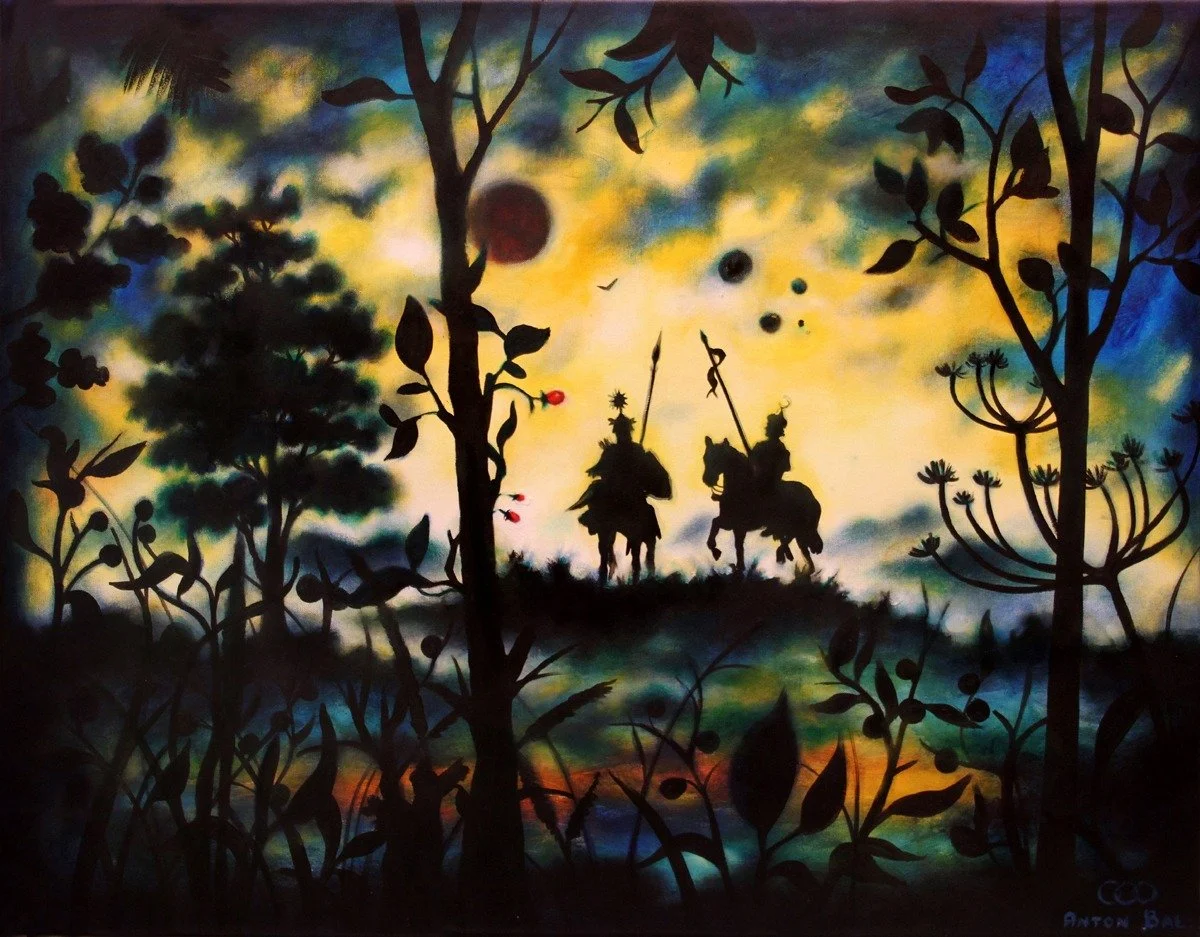 Silhouette of two knights on horseback holding spears, against a colorful, abstract sky with trees and clouds, creating a fantasy scene.