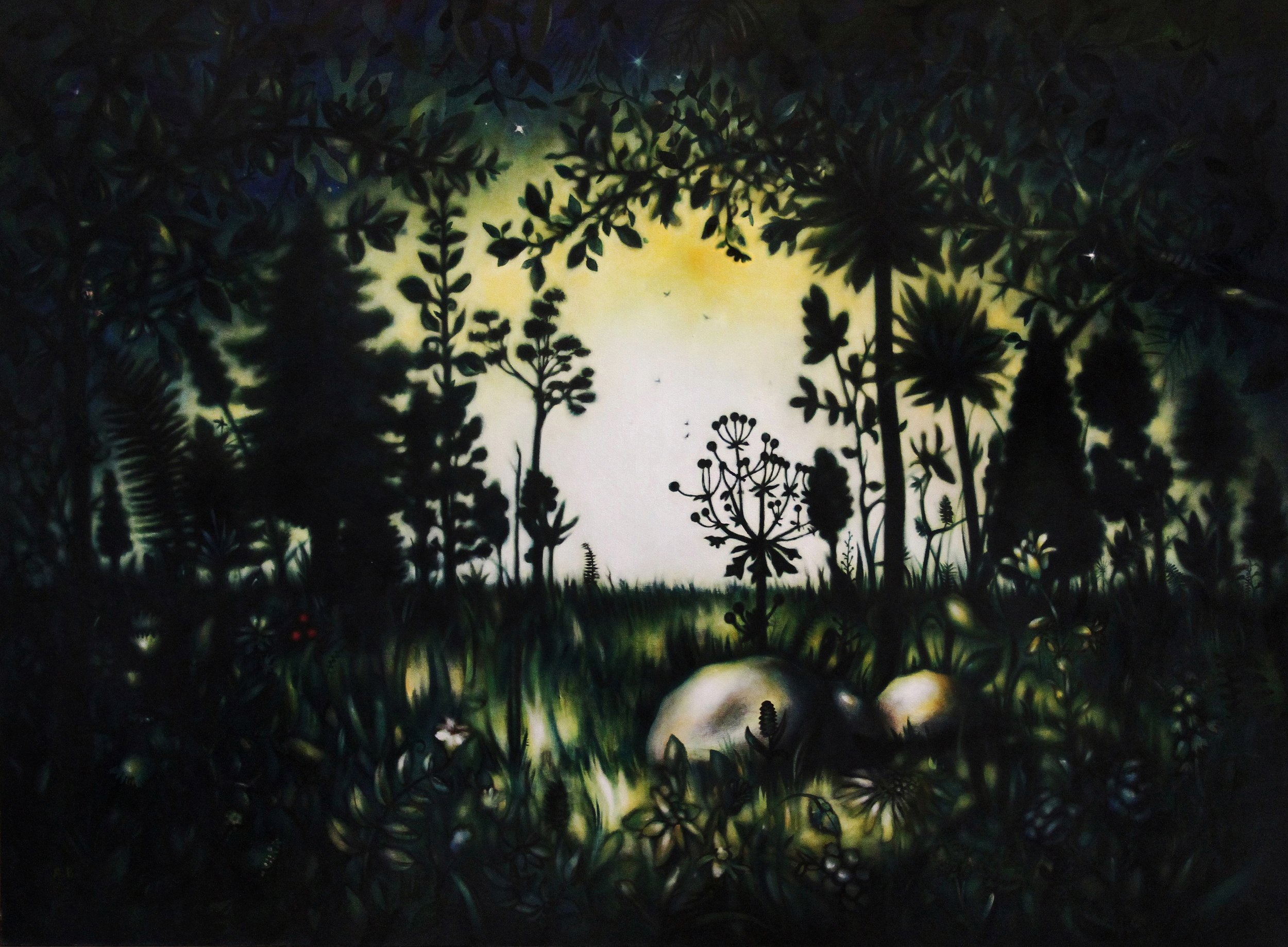 Silhouette of various plants and trees against a glowing yellow background, resembling a dense forest or jungle scene.