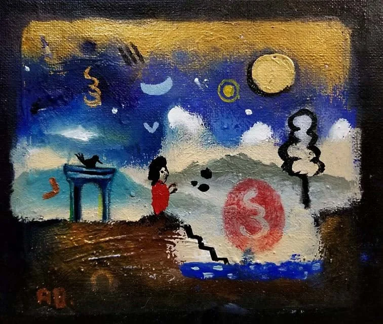 Abstract painting of a woman in a red dress standing on a staircase outside, with a stylized landscape background including a bridge, trees, and a sky with a moon and stars.