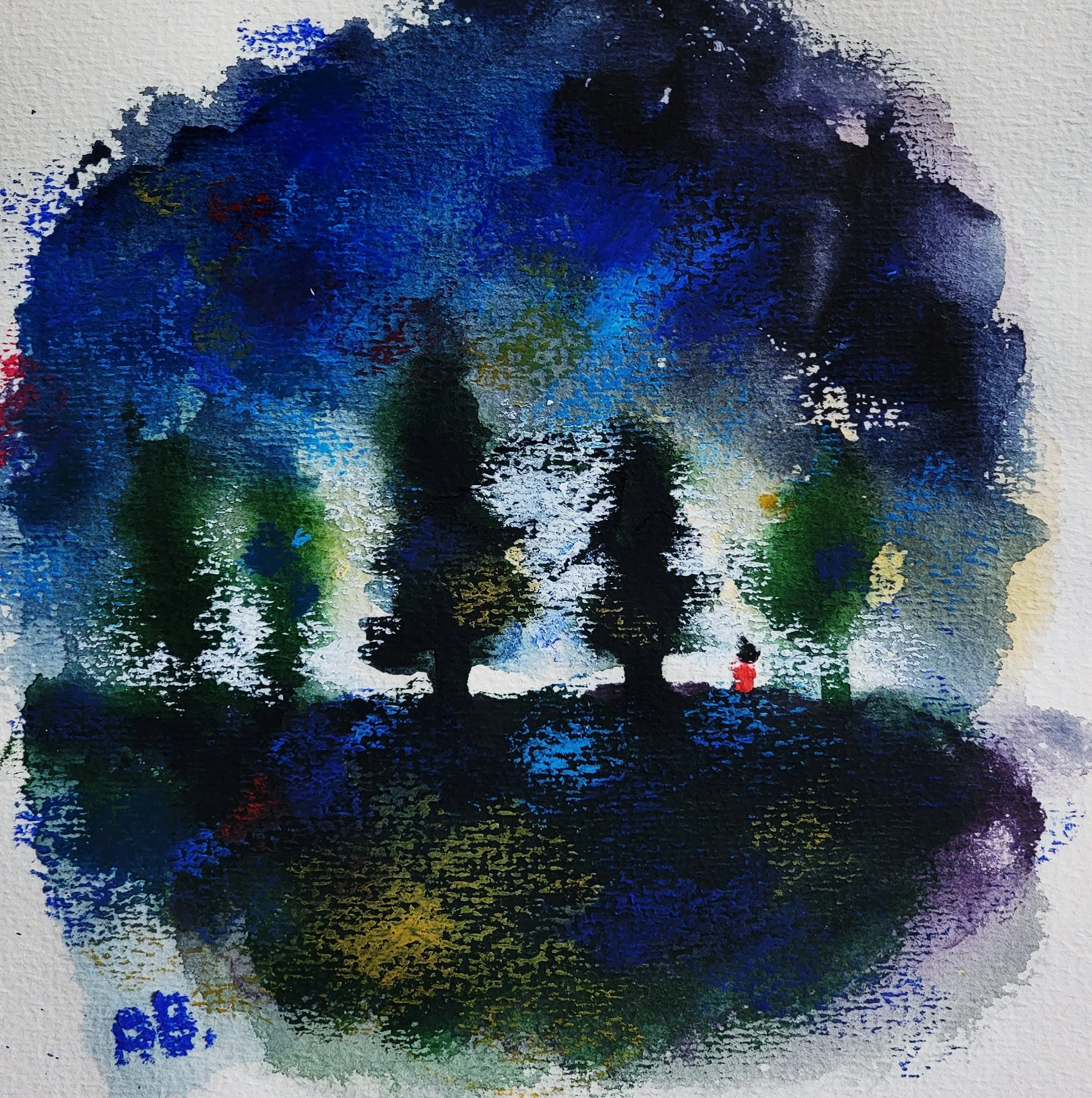 Watercolor painting of three silhouetted trees and a small person with a red shirt walking in a forested area, with a blue and dark background.
