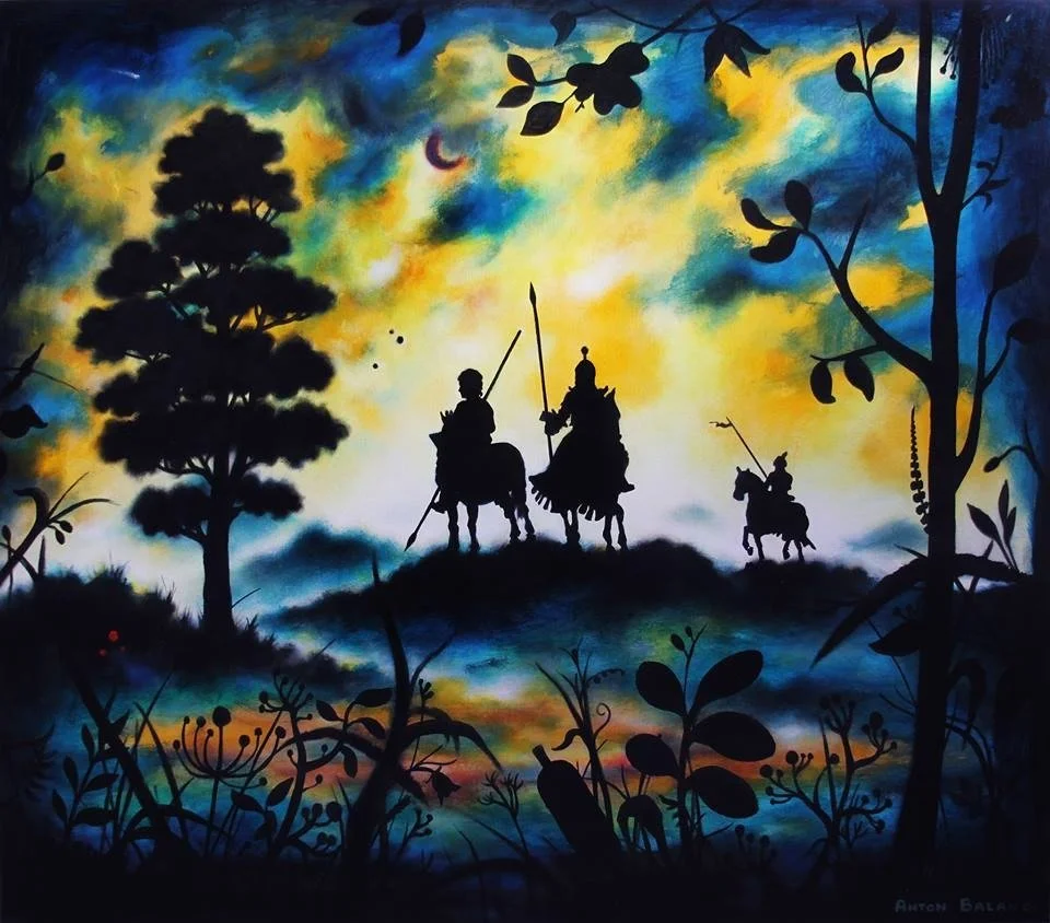 Silhouettes of three warriors on horseback, wielding spears, against a vibrant sunset sky, with trees and foliage in the foreground.