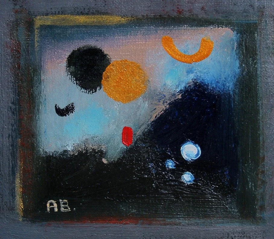 Abstract painting with black, gold, orange, blue, and white shapes including circles, a red vertical shape, and curved lines, signed "AB" in the bottom left corner.