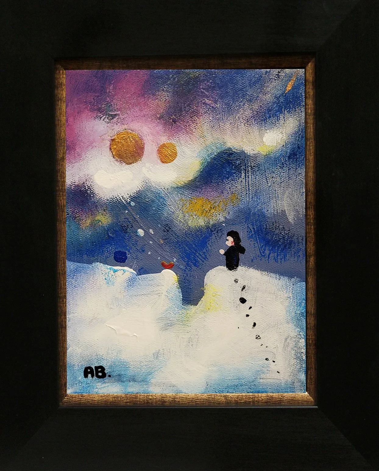 Abstract winter landscape with a person dressed in black, a small red bird, and celestial bodies in the sky, painted with vibrant colors.