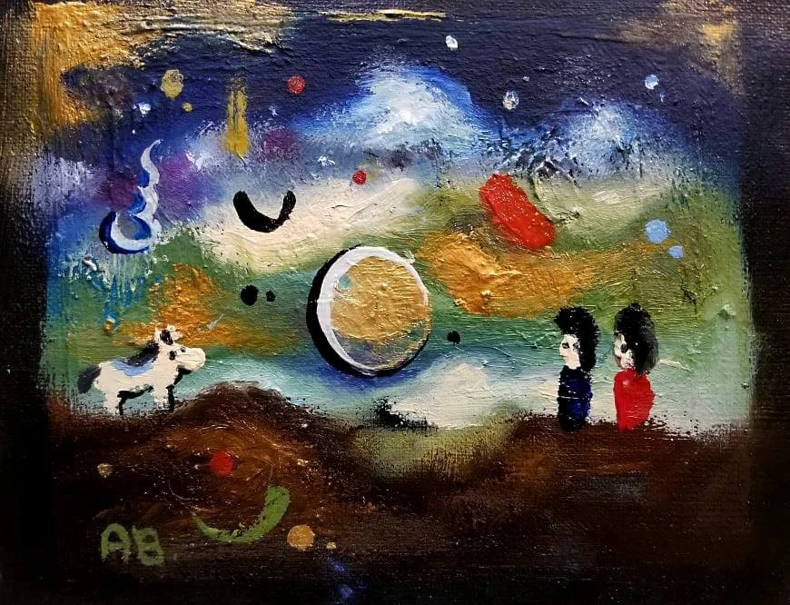 Abstract painting with two children in red and blue and a cow, colorful swirling background with planetary and cosmic elements.