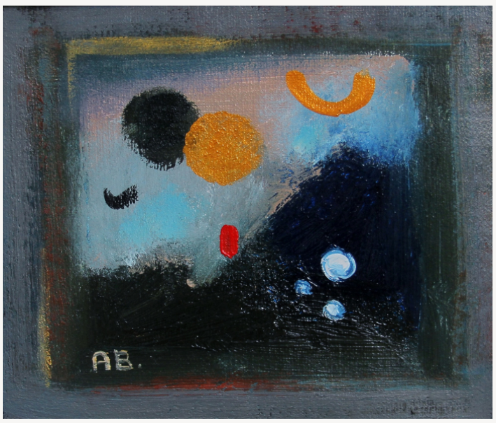Anton Balanchivadze, abstract painting with black, gold, red, and blue circles and shapes on a dark background, signed 'AB' in the bottom left corner.